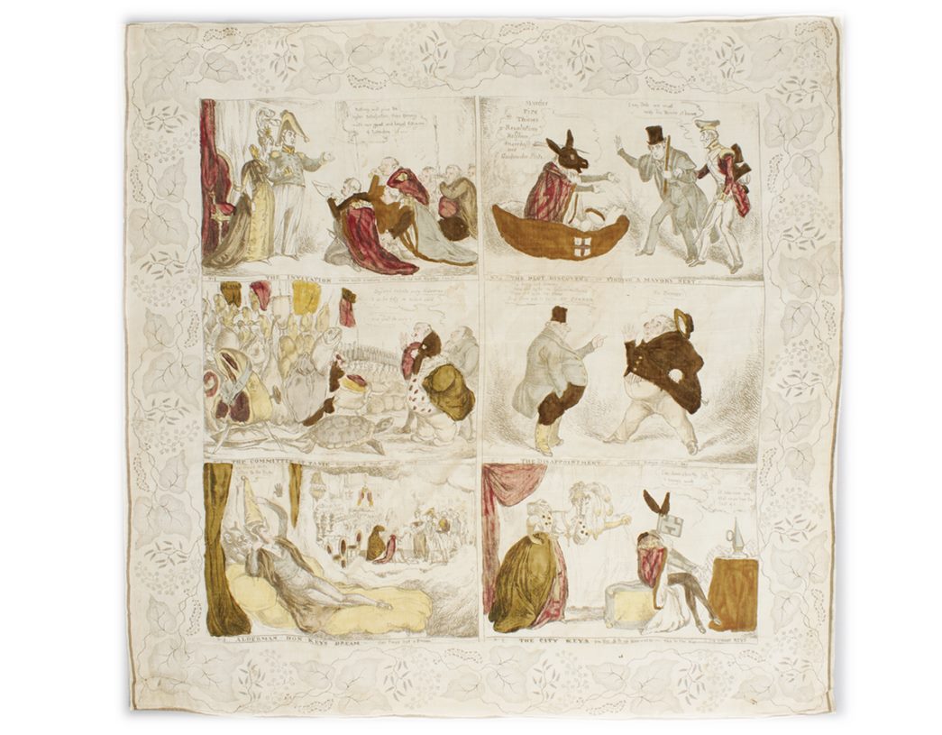 A silk handkerchief (printed in brown ink with watercolours added by hand, 1830) satirises a visit by King William IV and Queen Adelaide to the City of London for the Lord Mayor's Banquet in 1830. (ID no.: 79.416)