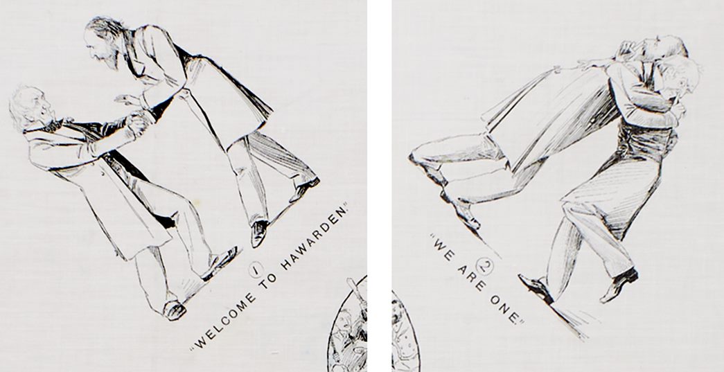 The first and second sections of the handkerchief showing the meeting between Gladstone and Balfour, and then the pretence of agreement. (ID no.: 83.371)