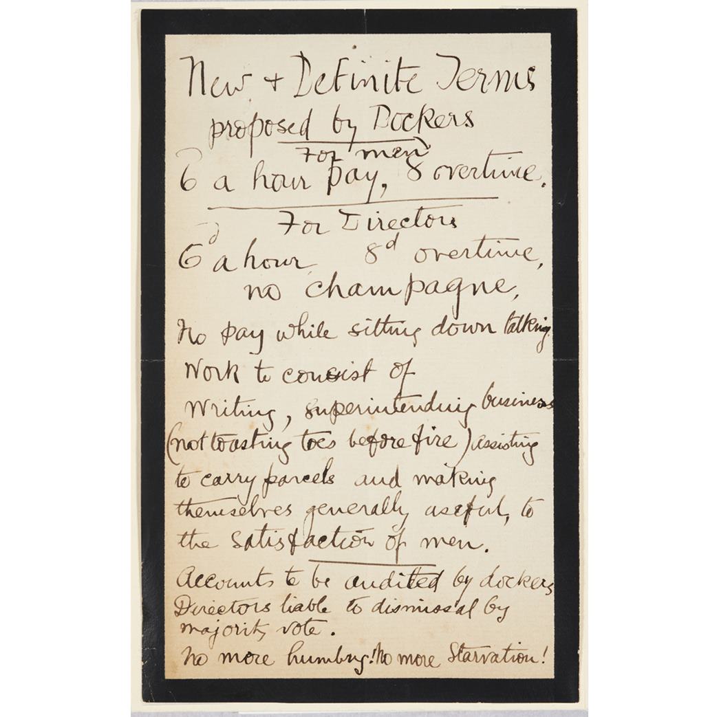 New and definite terms proposed by dockers
A handwritten note on black mourning paper, probably written by a striking docker, listing the demands of the dockers. (ID no.: PLA2055, ©PLA Collection)  
