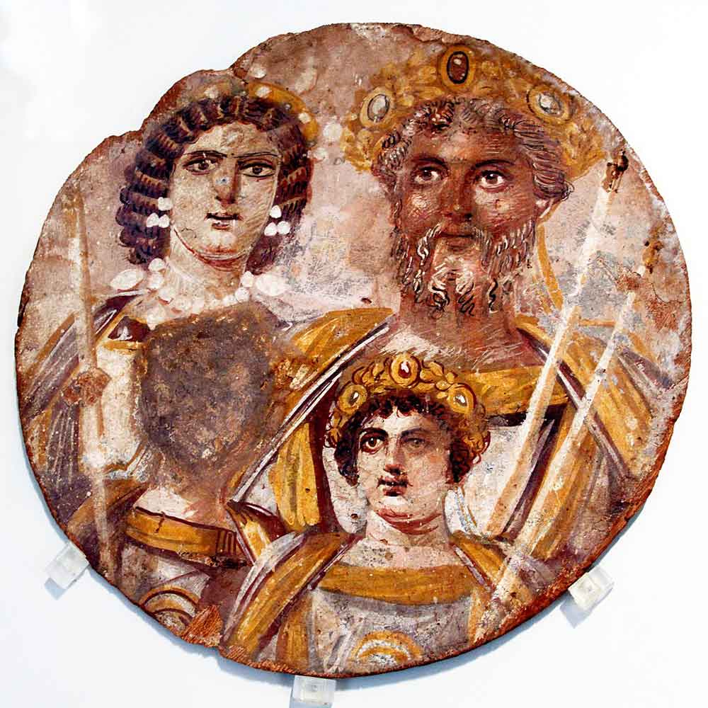 This painting show Emperor Septimius Severus with his second wife Julia Domna, his sons Caracalla and Geta, whose face has been erased. © José Luiz Bernardes Ribeiro