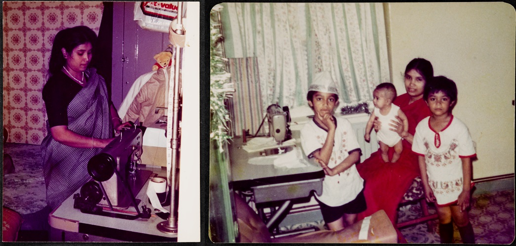 The Brother sewing machine as a family heirloom
(left) Seamstress Anwara Begum at work, and (right) with her three kids in the 1980s. (Courtesy: Asma Begum) 
