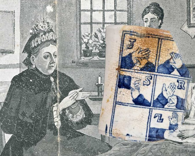 A leaflet with a drawing showing Queen Victoria using sign language at the bedside of a 'deaf mute'. (ID no.: 82.718/7) Sherds of a mug with fingerspelling in the Museum of London’s collection. 