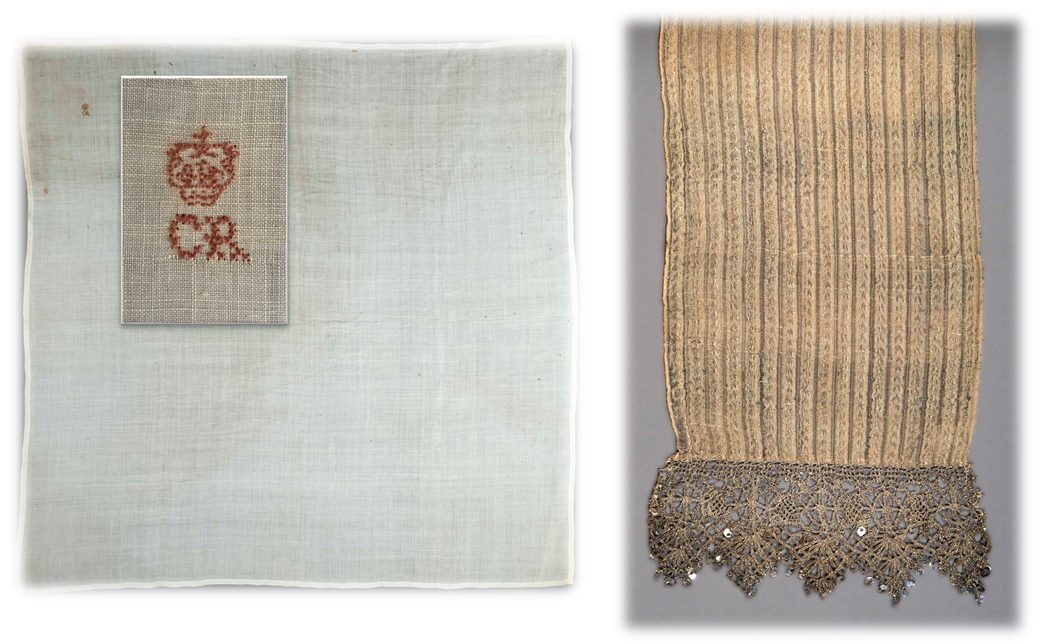 (left) Detail of a stained handkerchief embroidered with CR; and detail of a silk and metal sash associated with Charles I. (ID no.: 27.128/2, Courtesy of the lender)