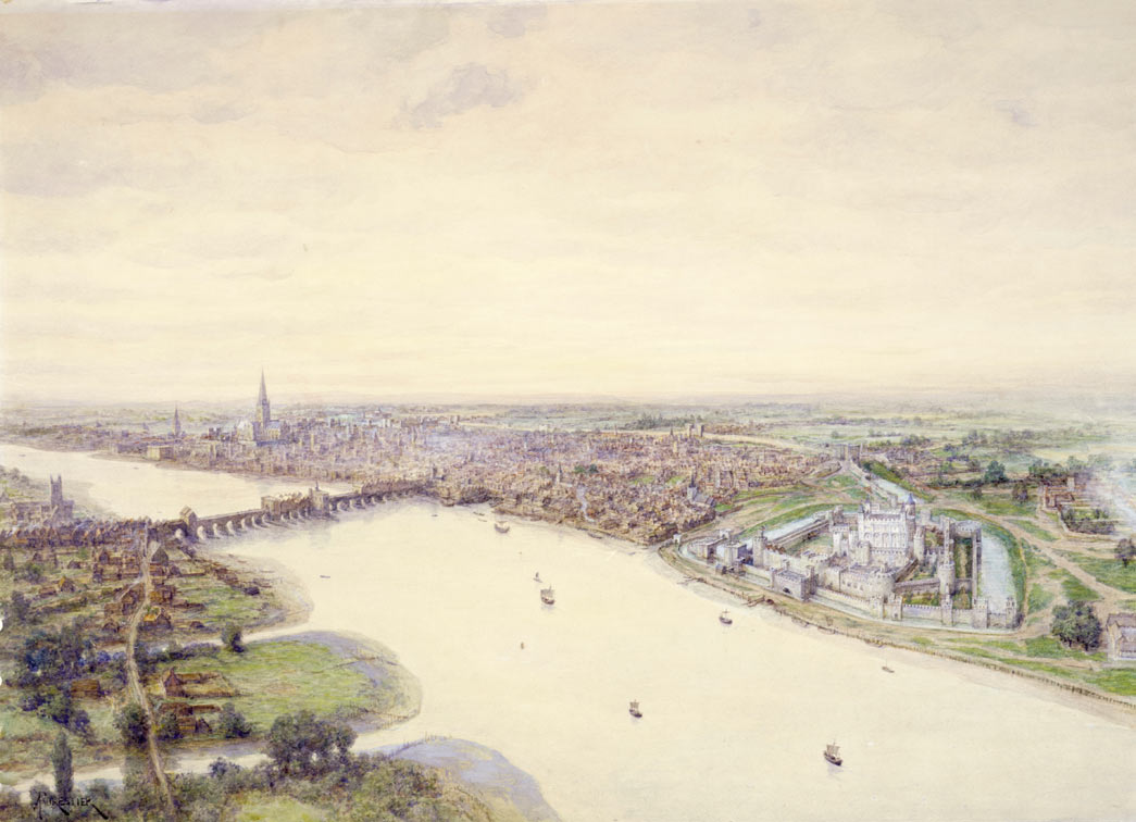 Reconstruction of London as it would have looked in about 1400 AD. Watercolour Drawing. General 'bird's-eye' prespective of the city of London, including the river Thames.
