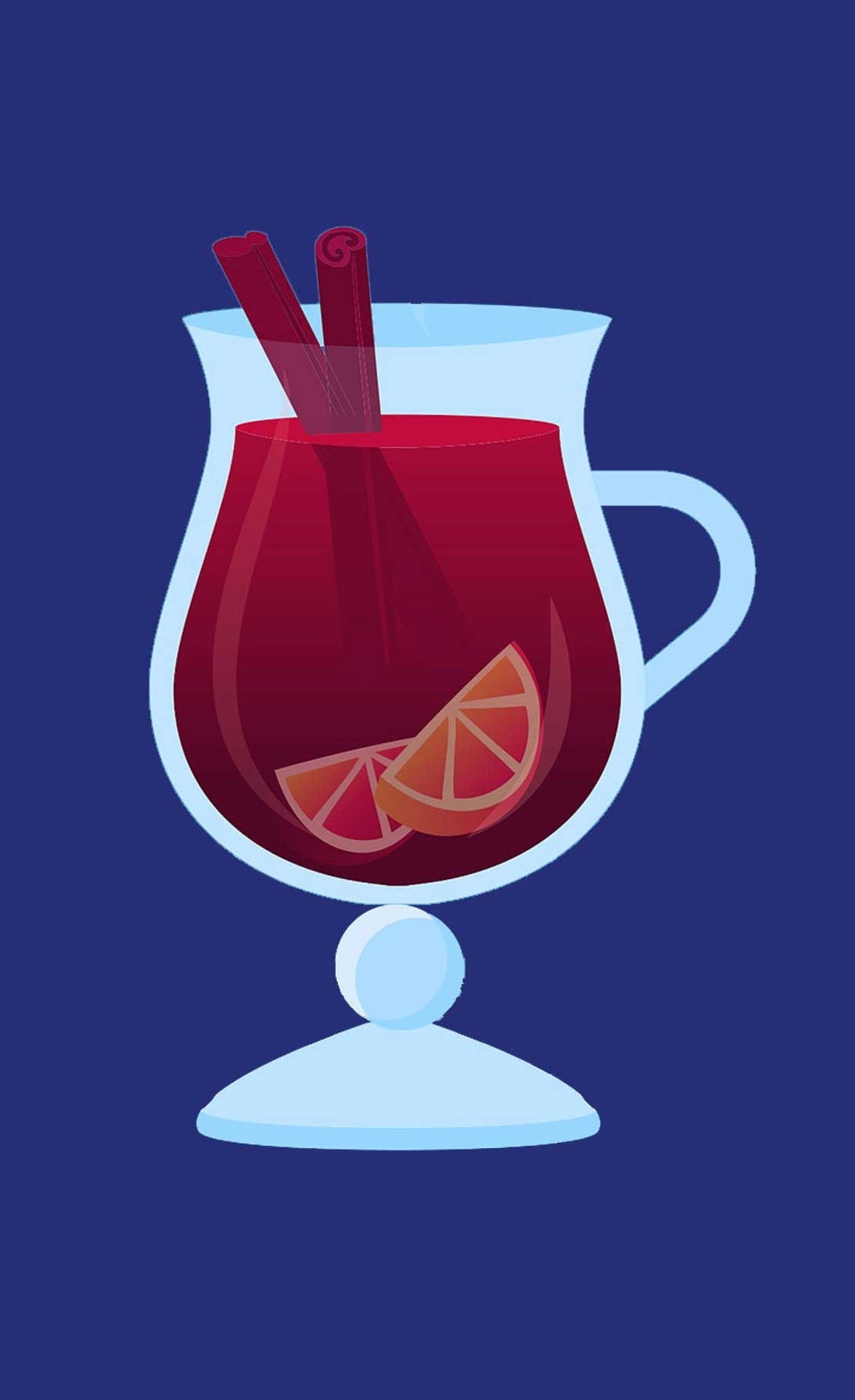 Illustration of a glass of warm winter punch with a slice of orange and two cinnamon sticks in.