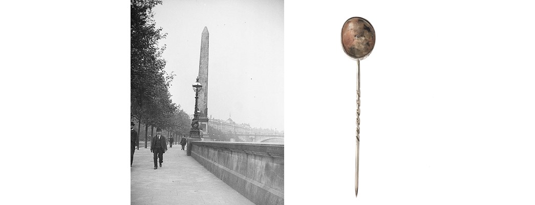 Cleopatra’s Needle standing tall at Victoria Embankment in London, and the cravat pin with a chip from the monument. (ID nos.: NN1384; 77.87/124)