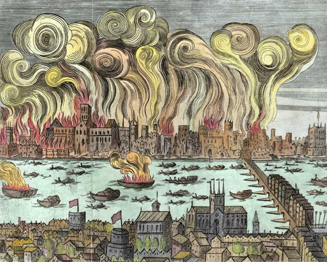 Coloured woodcut of the The Great Fire of London. The colouring was done at a later date.

