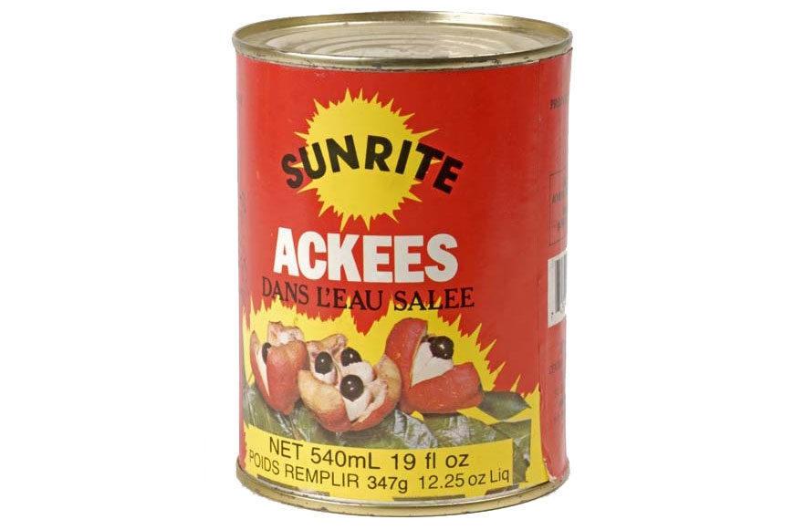 Photo of a red tin of ackees.
