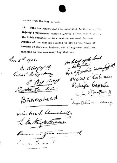 The signature page of the Anglo-Irish Treaty 1921, featuring Michael Collins’ sign (fourth on the right). The treaty was a first for the British Empire and it influenced many of its future colonial negotiations. (Courtesy: Wikimedia Commons)