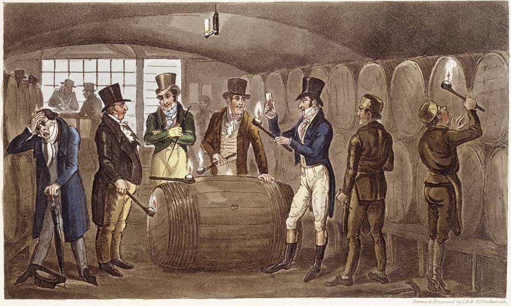 ‘Tom Jerry and Logic tasting Wine from the Wood at the London docks’. An illustration by George Cruikshank from 'Life in London'. (ID no.: 001759)