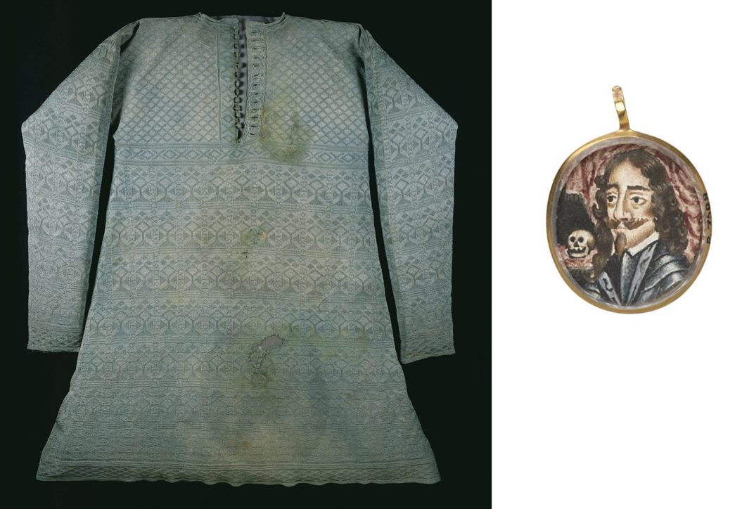 (left) A silk vest that was allegedly worn by King Charles I during his execution; and a miniature portrait of the king in a gold pendant, the likes of which were sold as memorial jewels at the time of the execution. (ID nos: A27050; A7508)