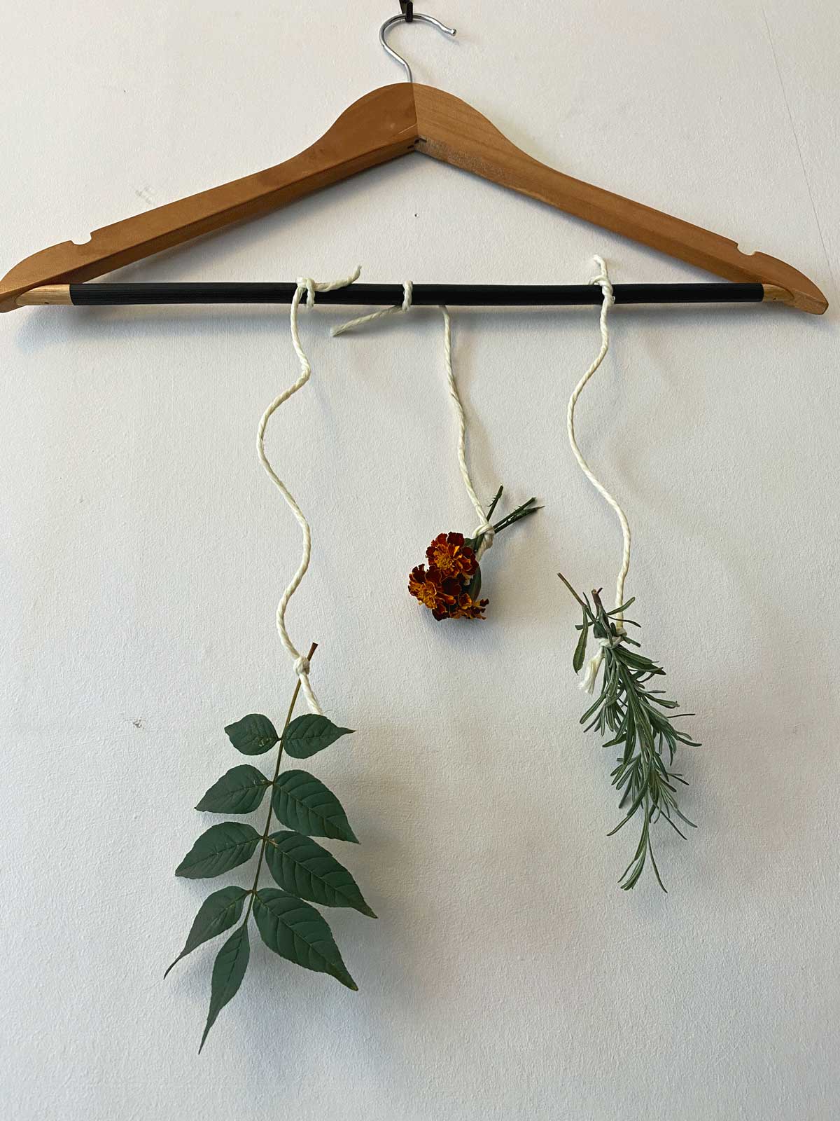A photo of a mobile made out lavender, marigolds and a ash leaf hanging from a coat hanger with string.