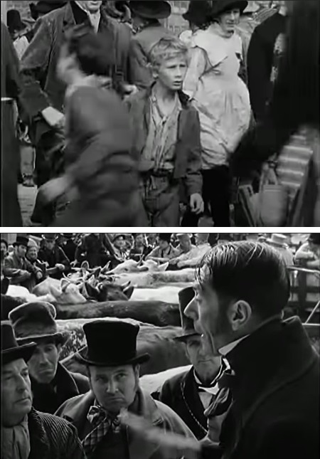 (top) Oliver Twist comes to London, and the chaos of Smithfield market. (Oliver Twist 1948, David Lean/Cineguild)