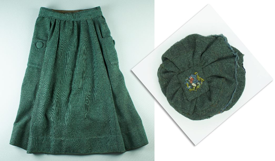 London-born artist Louisa Starr Canziani’s skirt (left), and the hat next to it, which was most likely made from its offcuts by her daughter Estella. (ID nos.: 60.1581X1b, 69.158/c)