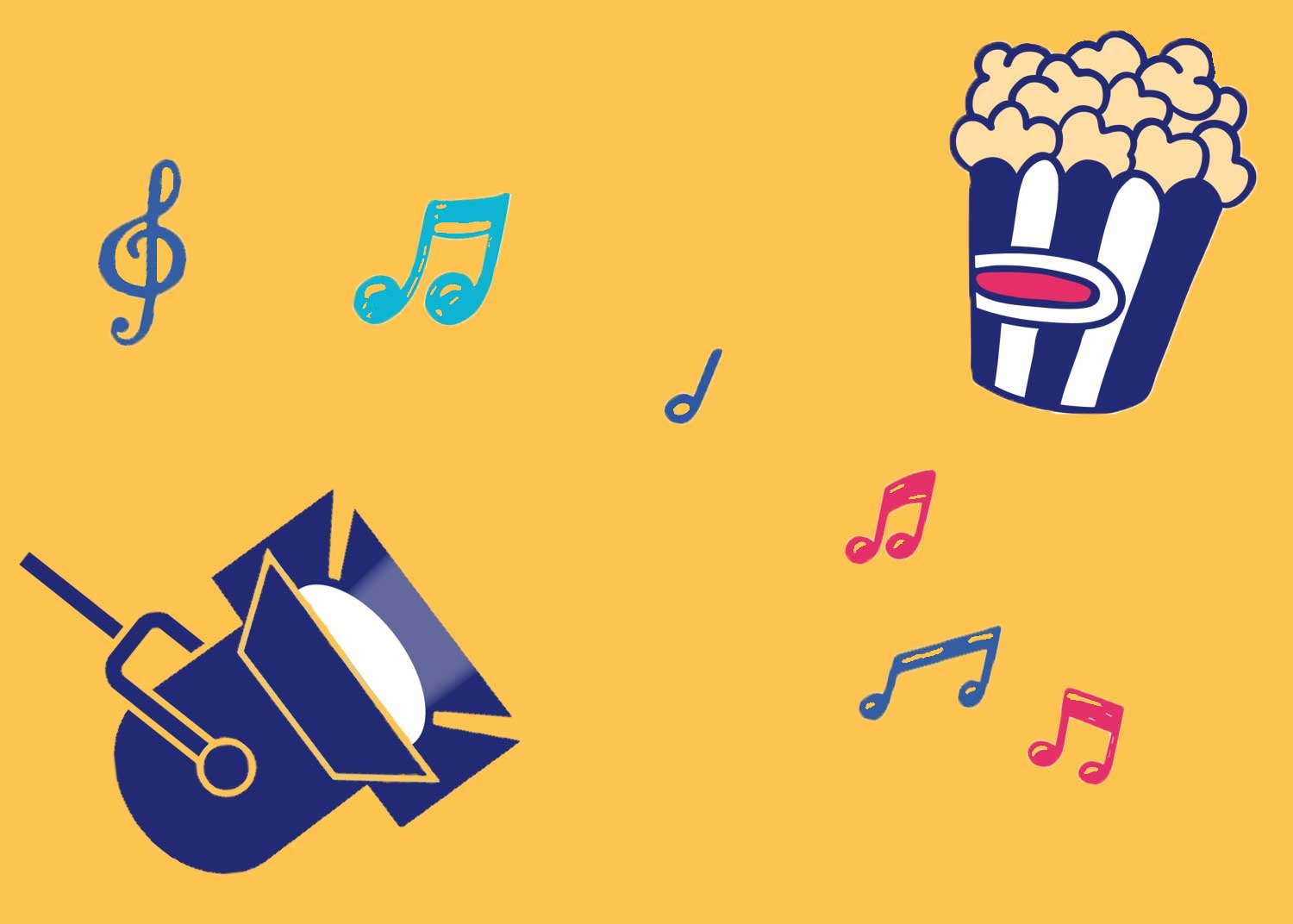 Illustration of theatre light, music notes and a box of popcorn against a yellow background.