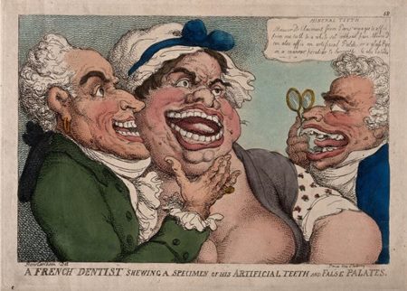 N. Dubois de Chémant demonstrating his own and a woman's false teeth to a prospective patient. Coloured etching by T. Rowlandson, 1811. (Courtesy: Wellcom Collection/Public domain)