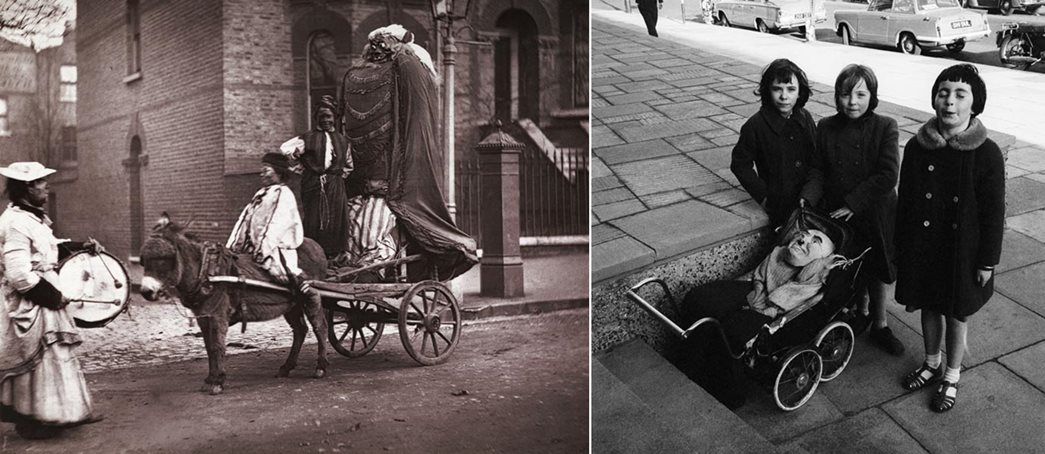 (left) A c.1877 photo showing a ‘November effigy’ (sometimes of unpopular public figures like Guy Fawkes) being paraded through the street. And a 1962 photo from our Henry Grant Collection of three girls with their Guy Fawkes effigy, showing how the tradition has continued through the centuries. (Courtesy: IN646, HG1541/73)
