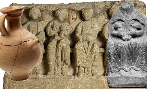 (from left): A tettina that looks like a flagon (ID no: 2859); Roman stone sculpture of four mother goddesses (ID no.: 77.58); part of a pipeclay Roman mother-goddess figurine (ID no.: A243).