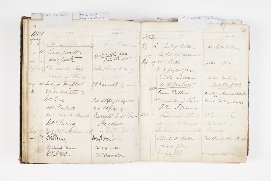 Visitors book at the East and West India Dock Company Town Warehouse. How many of the names here can you identify? Port of London Authority Archive. (ID no.: PLA/EWIDC/1/5)
