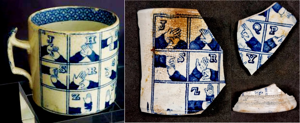 (left) A 19th century mug from Staffordshire with fingerspelling signs transfer-printed on it, donated by Mrs P.J. Bierschenk to the UCL Library/ Deafness, Cognition and Language Research Centre. (right) Sherds of a similar mug in the Museum of London’s collection. 