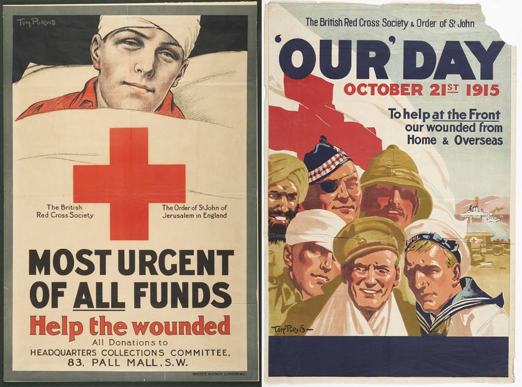 Two posters by Tom Purvis

(left) ‘Most urgent of all funds’ poster, 1915; and ‘Our Day’ poster, 1915. (Courtesy British Red Cross Museum)
