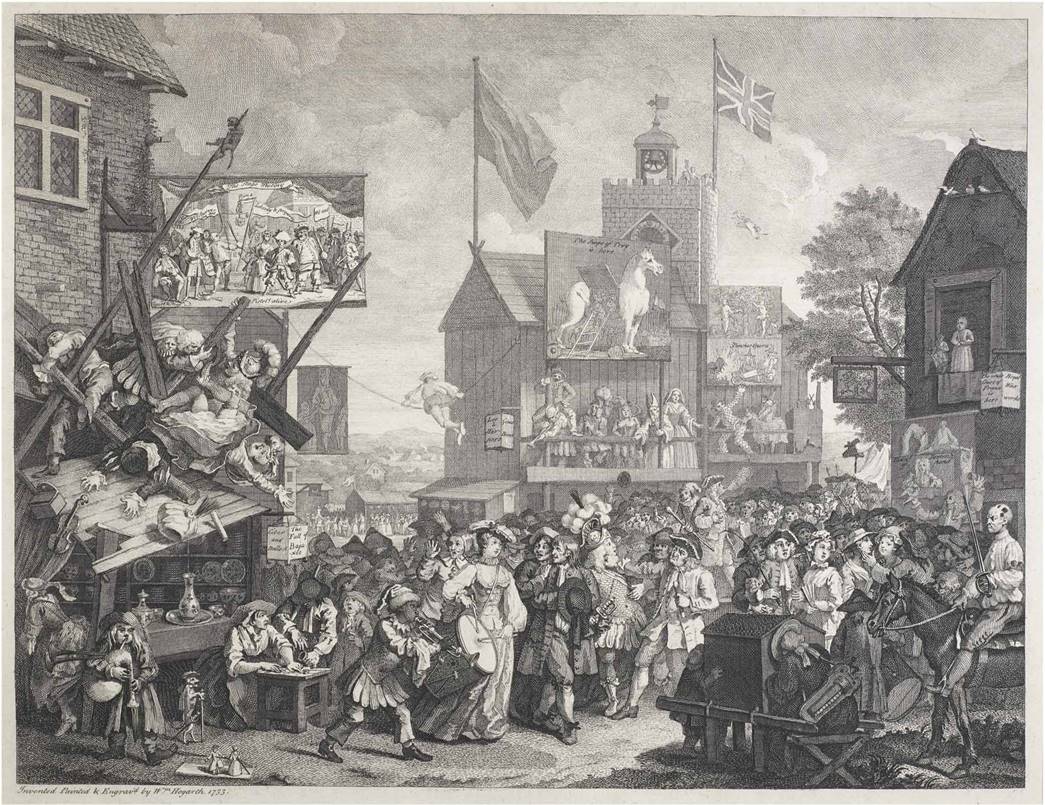 ‘Southwark Fair’ by William Hogarth, 1733. This engraving is of a busy crowd, done on paper using ink. People line the street as well as on the balconies in surrounding buildings. In the crowd are people playing instruments and games.  