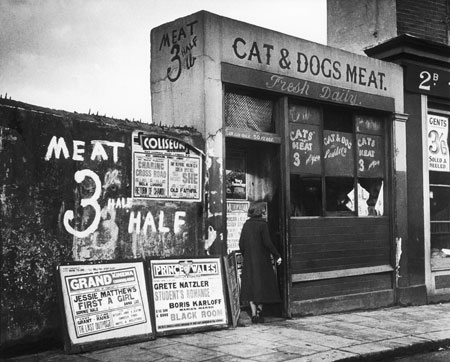 Woman walks into a cat and dog's meat shop, Bishops Bridge Road, Paddington.
