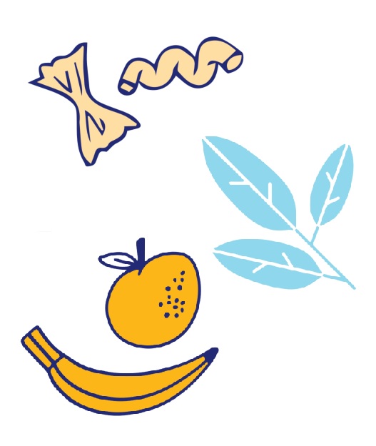 An illustration of pasta, herb leaves, an orange and a banana.