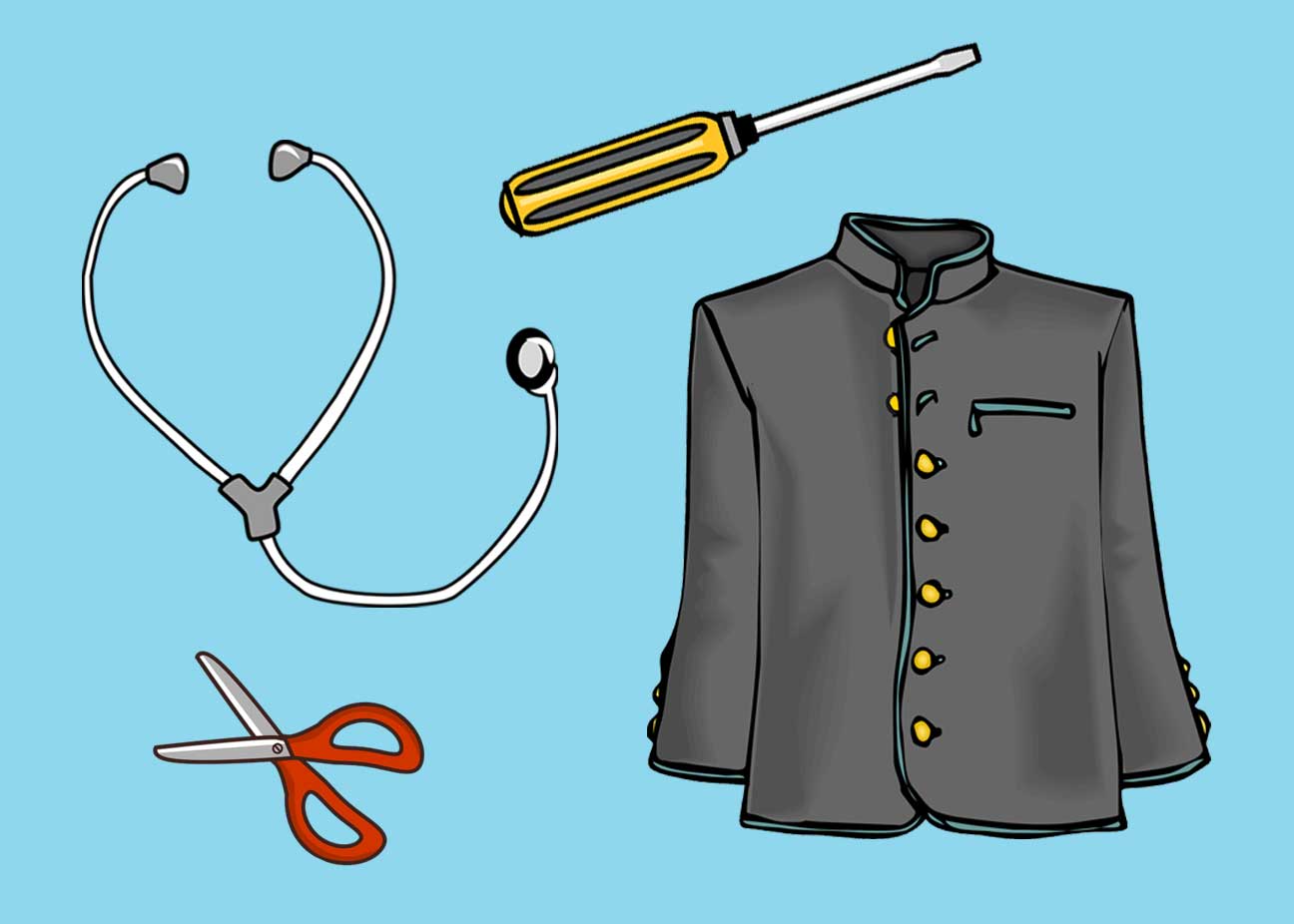 Items from the world of work, including a uniform, a screwdriver, a pair of scissors and a stethoscope.