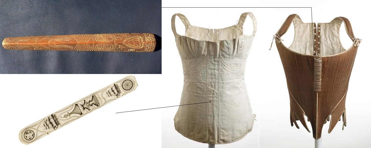 Two engraved stay busks on the left, which were probably given as love tokens. On the right are examples of the kind of corset (in white) and boned stays they would have been inserted into. (ID nos., clockwise from top-left: NN12371, A8863, 84.319, 49.91/1)