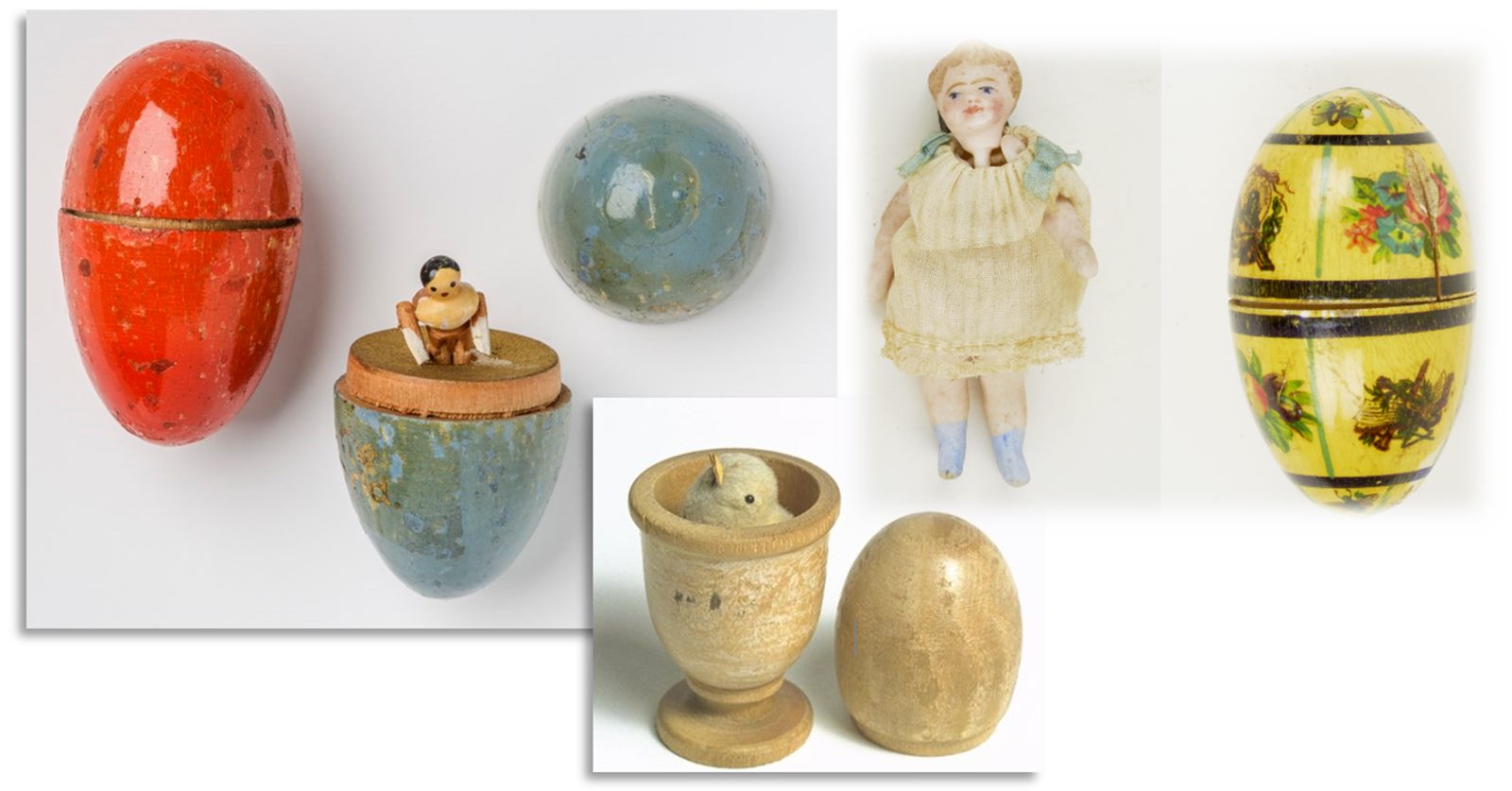 (clockwise from top-left) Two small eggs that belonged to HM Queen Mary, with matchstick dolls inside, 1907 (Royal Collection Trust / © Her Majesty Queen Elizabeth II 2022); a small doll of painted bisque, dressed in cotton clothing, which would have been stored inside the yellow painted egg (ID no.: 37.43/5); and a wooden egg with a small yellow chick inside (ID no.: 80.525/563).