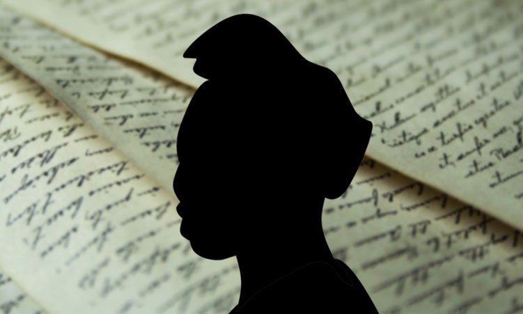 A side-on silhouette of a woman's head, with paper covered in handwriting in the background.