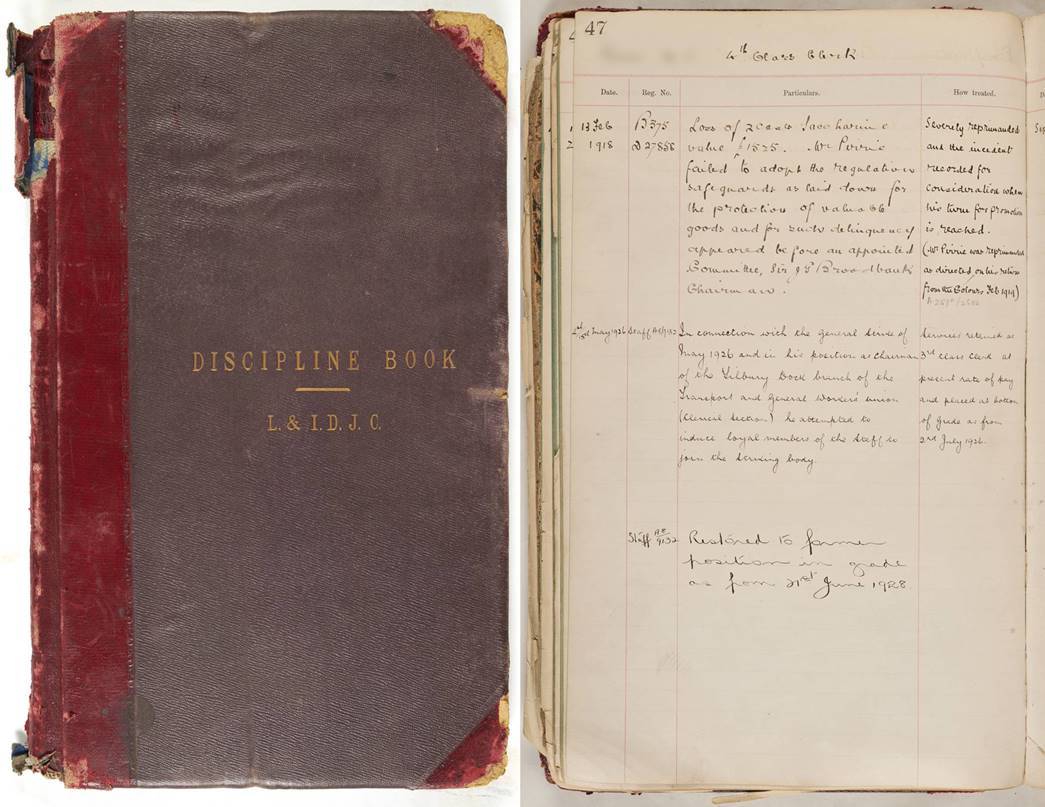 One of the Discipline Books in the museum’s collection, as well as an entry page for a fourth-class clerk at the docks. 