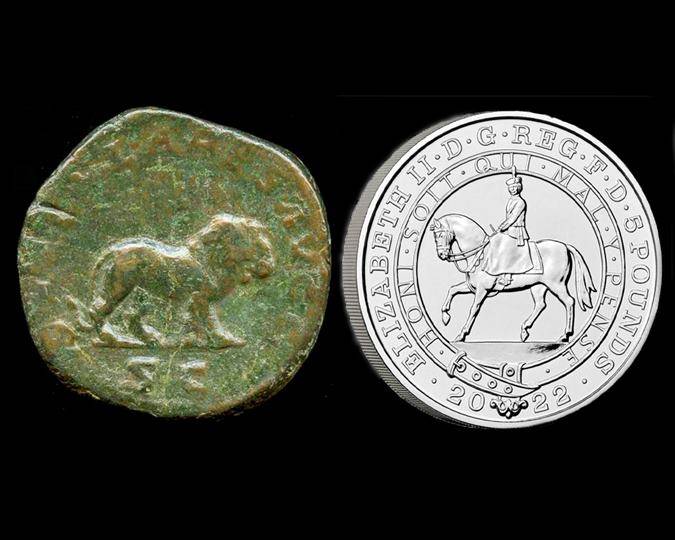 AD 248 Roman copper alloy coin — called sestertius — depicting a lion on one side and Emperor Philip I’s profile on the other. (ID no.: N639)