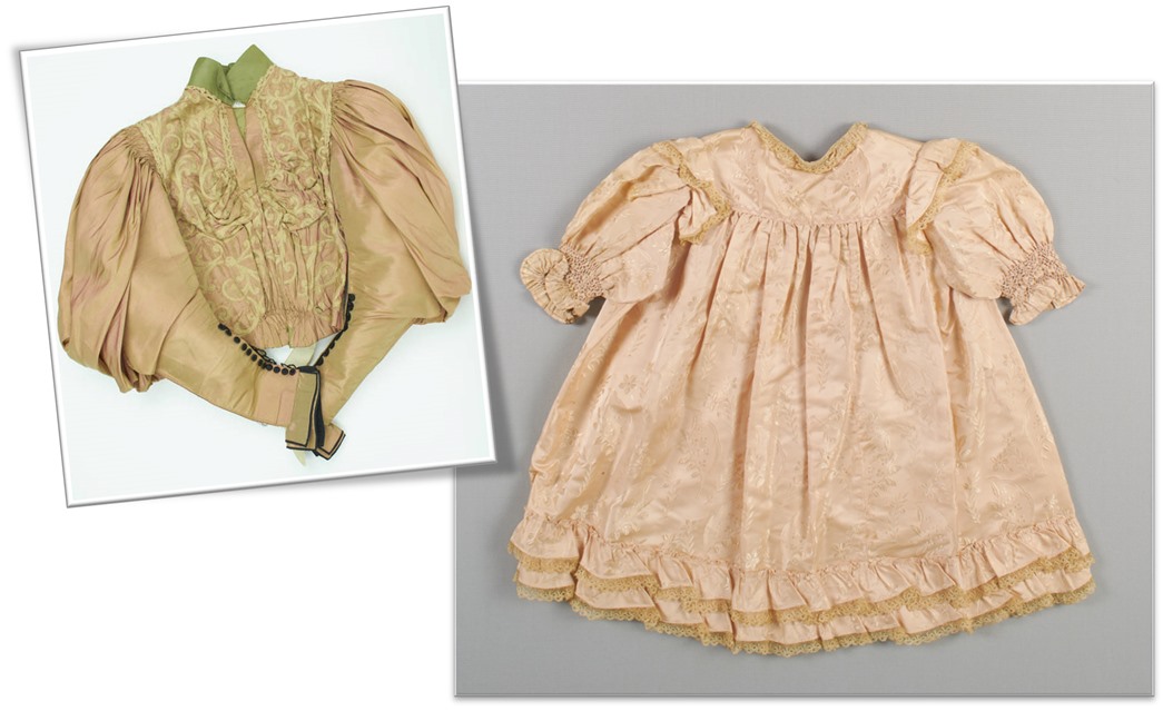 The gigot sleeve (as in the one on the left) provided a lot of material to make lovely dresses such as this one, once they went out of fashion. (ID nos: 38.272/1a; 47.683)