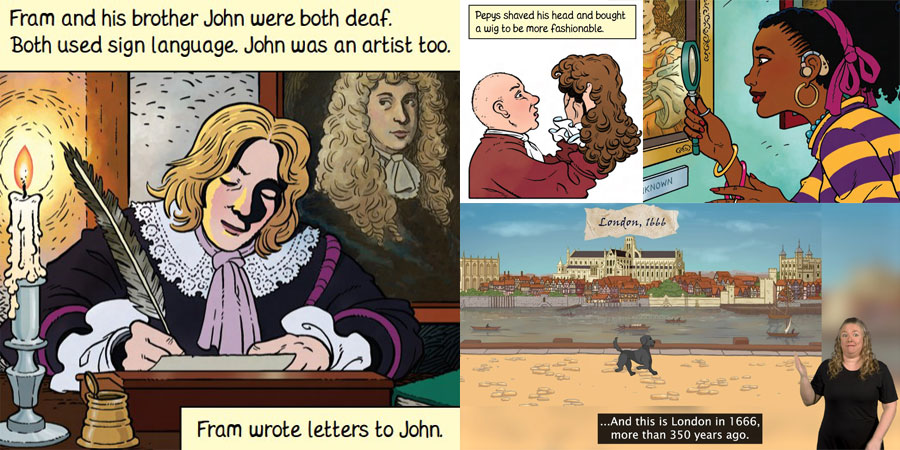 a collage of images from a comic about the Great Fire of London and a still from an animated video with a BSL interpreter