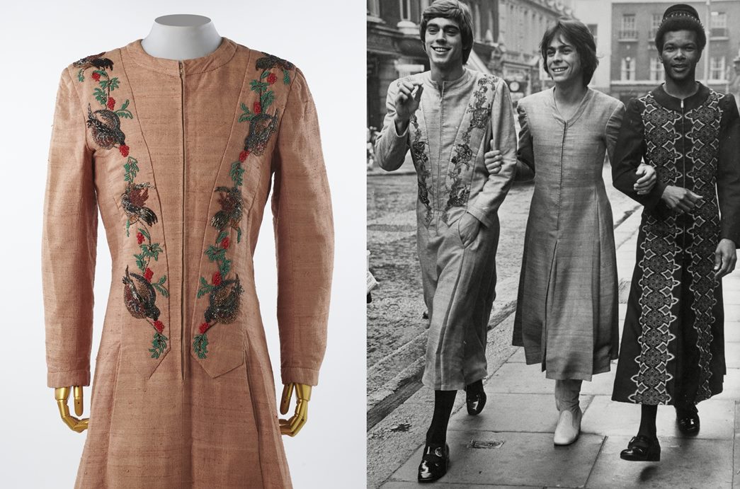 Mr Fish and his ‘maxi-smoking’ dress
Designer Michael Fish (left) outside his Mayfair shop, 1972 (©Alamy), and one of his men’s dresses, which shows his interest in traditional North African menswear and liturgical garments. (Courtesy: Collection of L. Kingston Chadwick)
