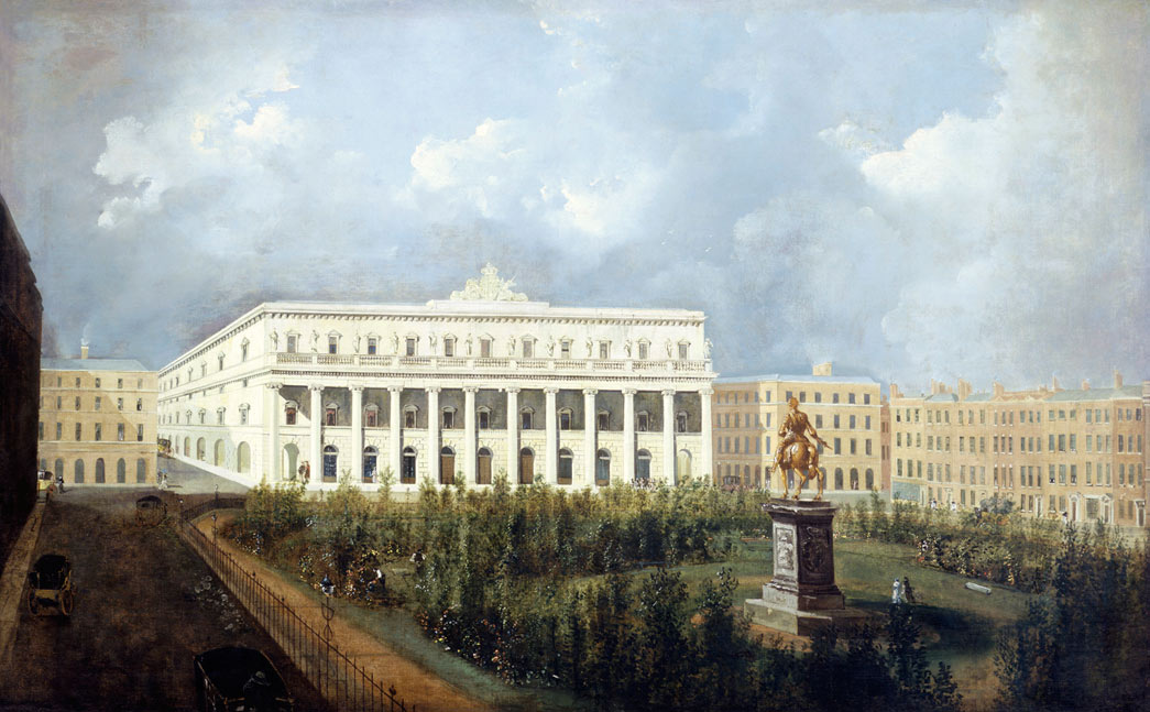 Leicester Square, with the Design for a Proposed New Opera House. Oil on canvas. The painting probably represents R. B. O'Reilly's plan. The elevations shown are here are however, consistent with the ground plan by Sir John Soane. The gardens are planted with trees and flowers in informal, colourful taste of William Mason and fashionable contemporary gardening.
