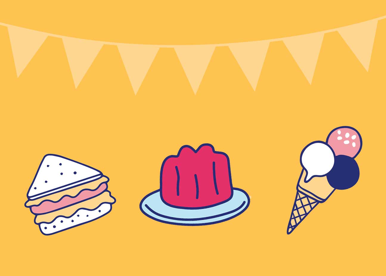 Colourful illustrations of a bowl of raspberry jelly, a sandwich and an ice cream cone below party bunting.