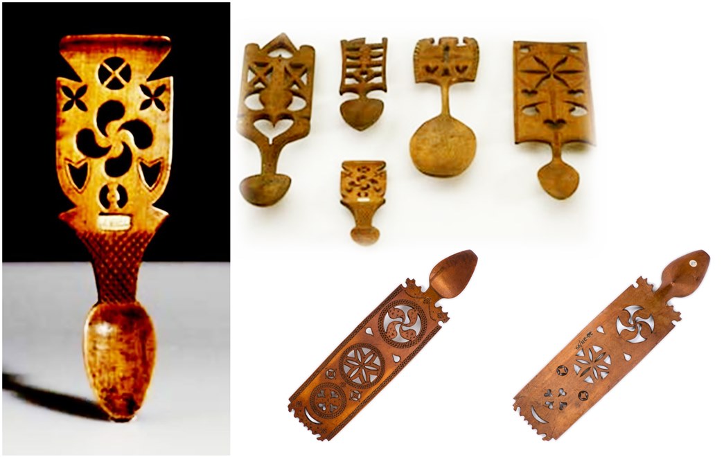 The symbols carved on the lovespoons would convey the intent of the suitor presenting the spoon. 
(Courtesy: far-left and top, Aberystwyth University School of Art Museum and Galleries; bottom, Amgueddfa Cymru – National Museum Wales)
