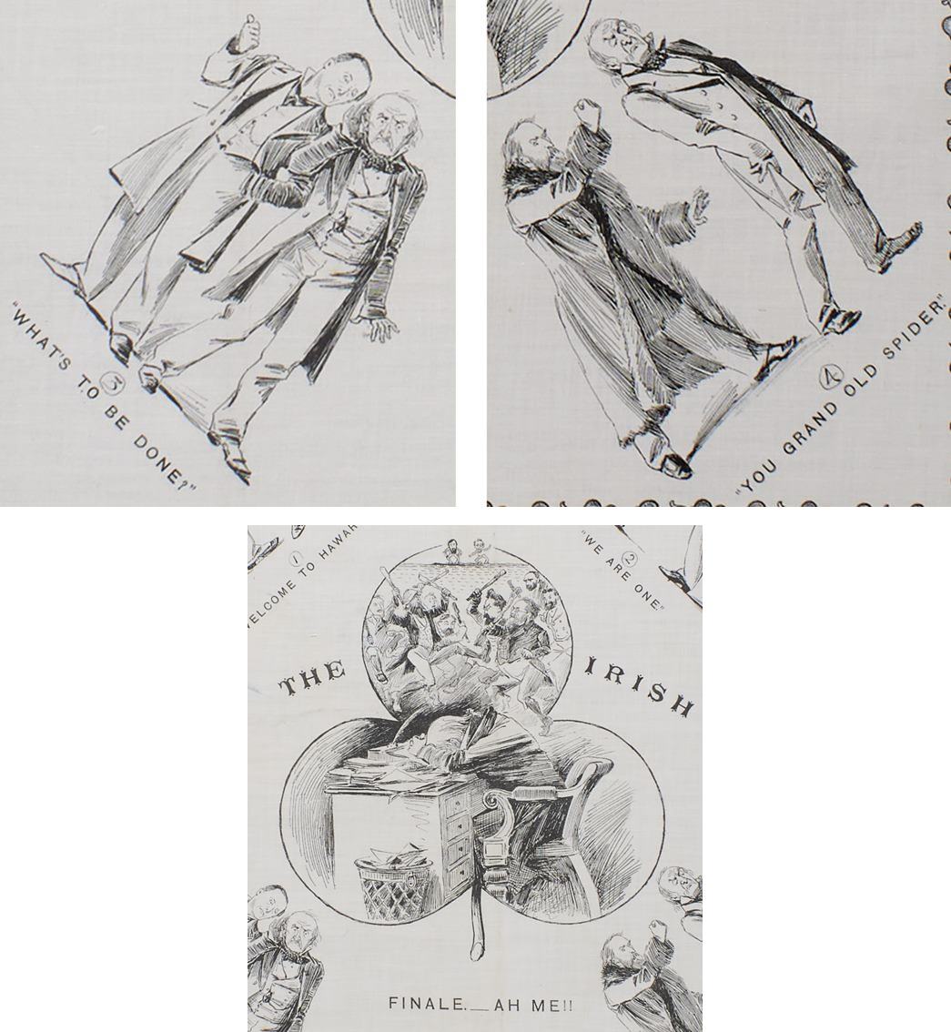 Gladstone with various politicians (left and right), and finally at the centre (bottom) — encased in a shamrock — we see a depiction of the political chaos that followed the Hawarden Kite incident. (ID no.: 83.371)