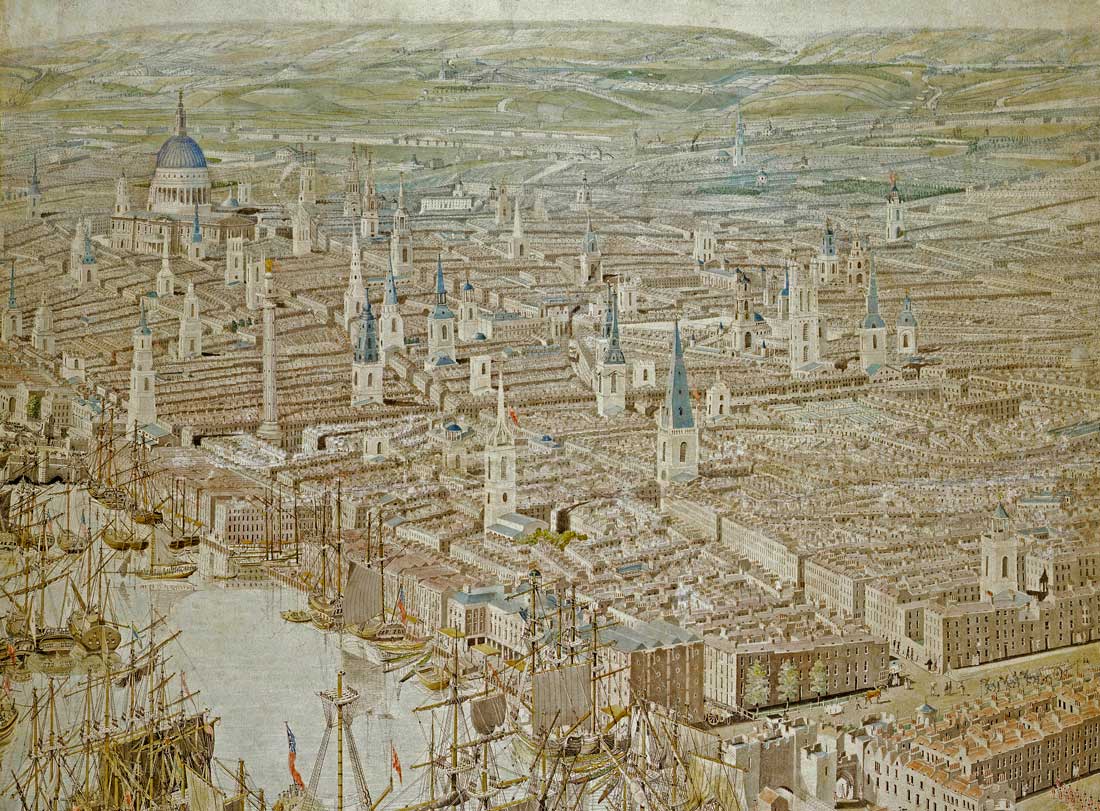 Section of the Rhinebeck Panorama providing a bird's-eye view of London at the beginning of the 19th century from middle of the Thames, roughly where Tower Bridge now stands.