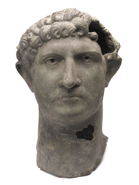 Fibreglass replica of a life-size bronze head of Hadrian found in the Thames in 1834. Original in the British Museum
