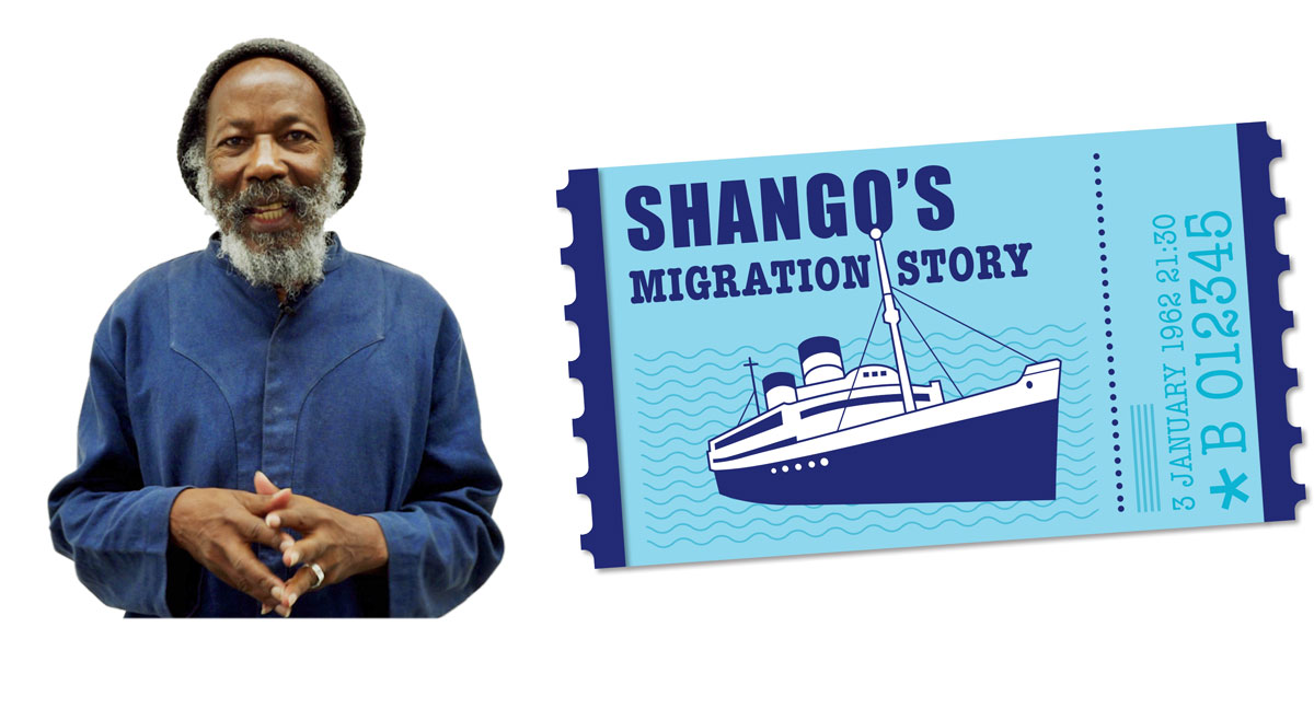 A photo of Shango gesticulating next to an illustration of a boat ticket with the words, Shango's Migration Story, on it and the date, 3 January 1962 on the side. 