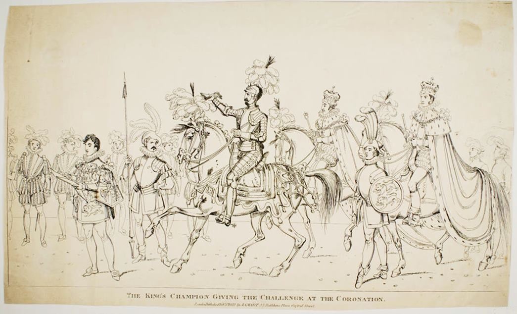 The King's Champion giving the challenge at the coronation 
A print sold as a souvenir sheet associated with the play commemorating the Coronation of George IV, 1822. (ID no.: 99.7/442).
