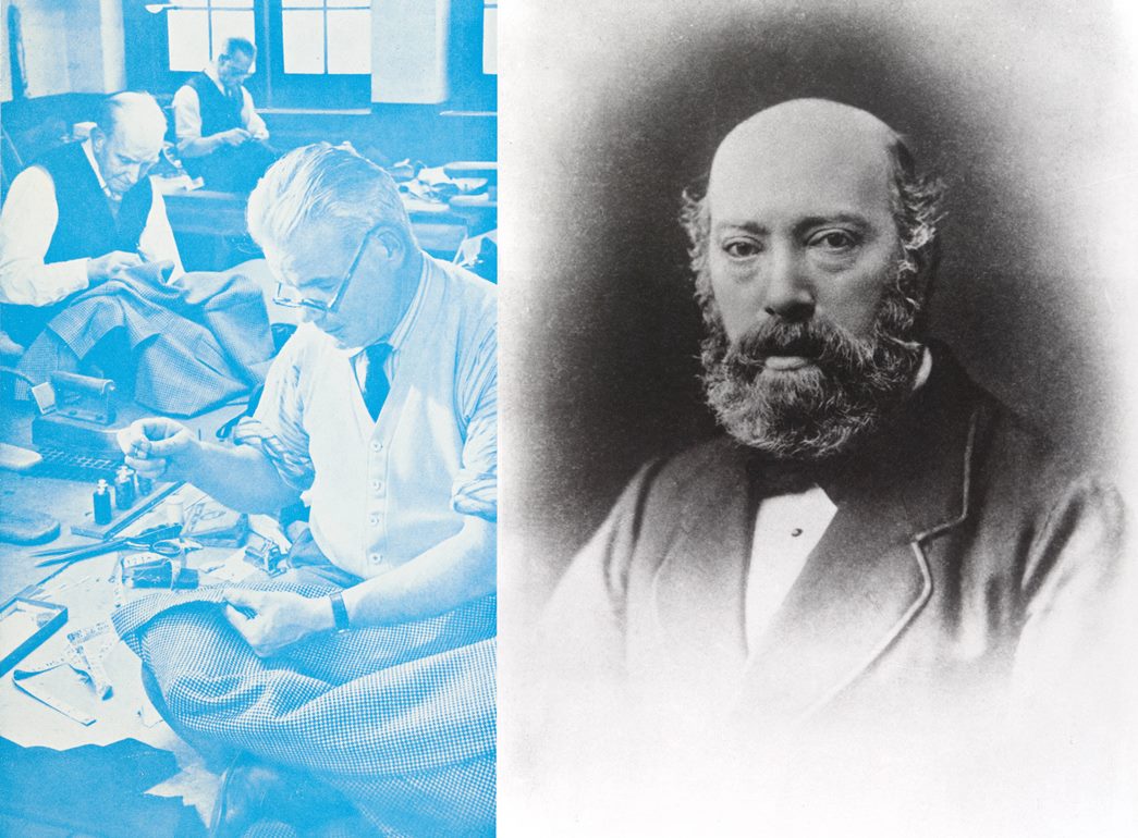 (left) Photo of tailors at work from a Moss Bros leaflet; and Moses Moses, the founder of the firm. (©Moss Bros)