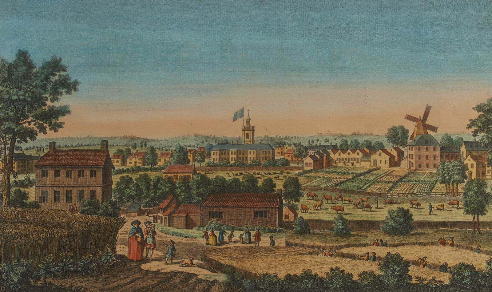‘The east view of Wandsworth’ coloured engraving by Bowles, 1751-1800