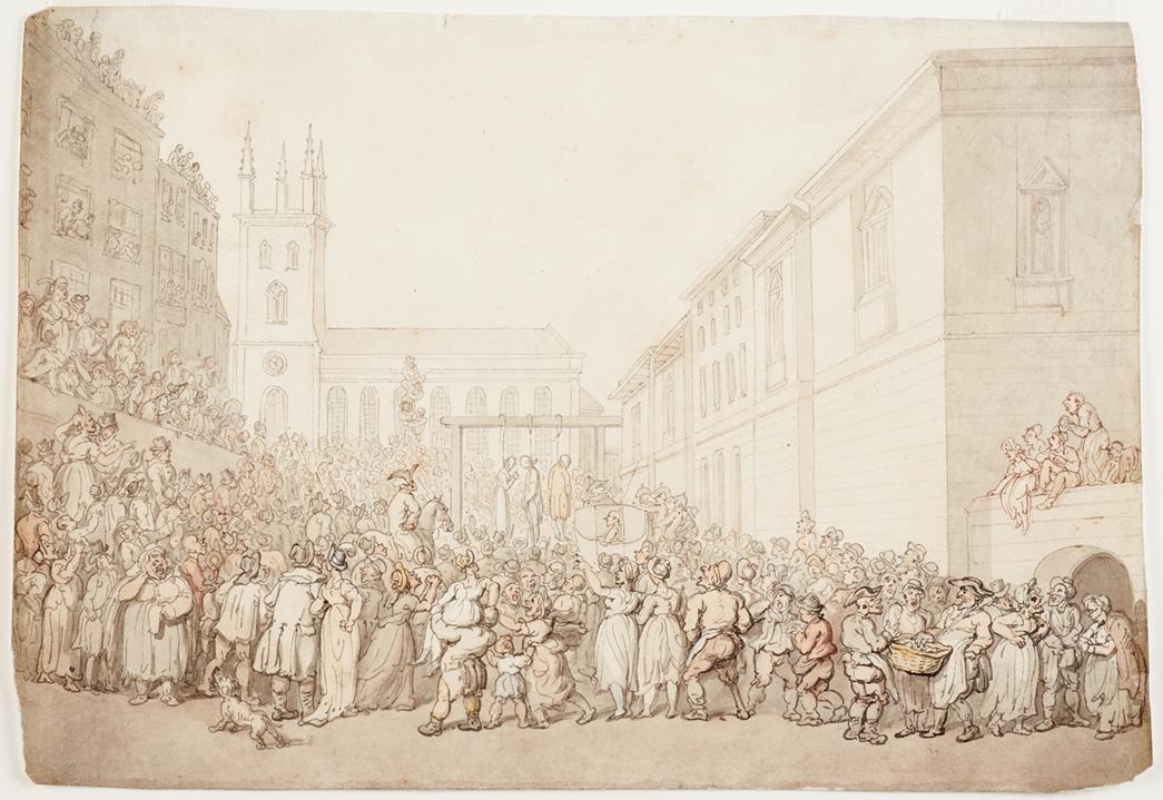 A drawing by Thomas Rowlandson showing a public execution in 19th century London, which was guaranteed to bring out a large crowd of curious onlookers. (ID no.: A9267)