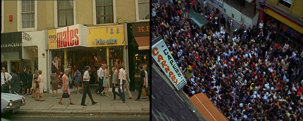 Music stars and Carnaby Street, 1969
(left) Designer Irvine Sellers’ boutique on Carnaby Street, and (right) crowds gather to see BeeGees’ Barry Gibb get an award for best dressed man. (©British Pathé)

