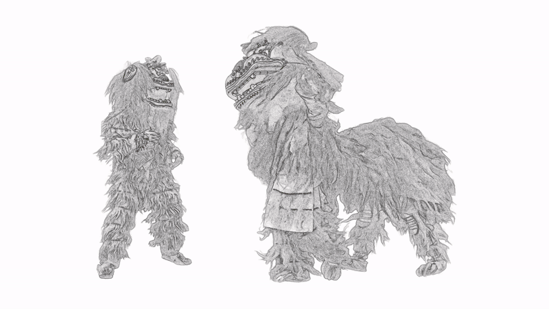 An animated GIF showing a pencil sketch of one-person and two-person lion dance costumes morphing into a colour photograph of them.
